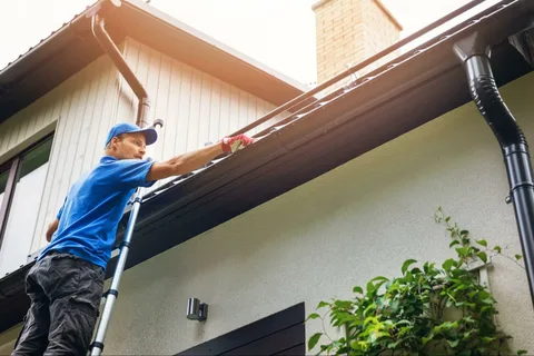Worker removing leaves from gutters in Perth property